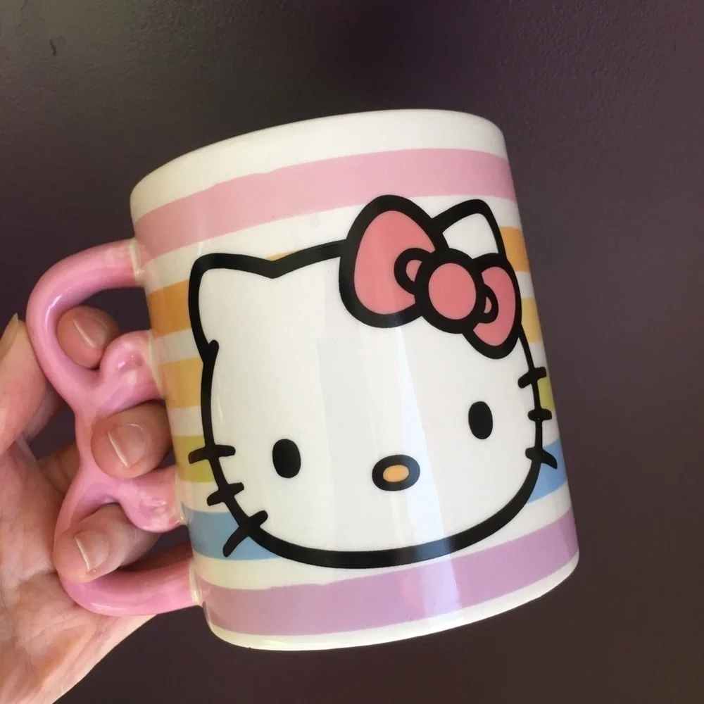 Hello Kitty Pastel Stripe, Bow Handle Coffee Mug, White, Pink, 20 oz